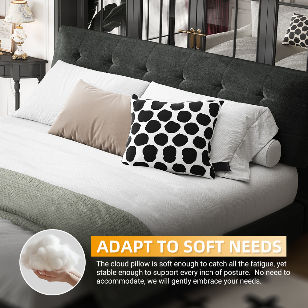 King Size Bed Frame for Bedroom, Platform Bed Frame with Tufted Headboard, Metal and Wooden Slats Double Support, Ultra-Soft Cloud Pillow Design, Noise-Free, Black