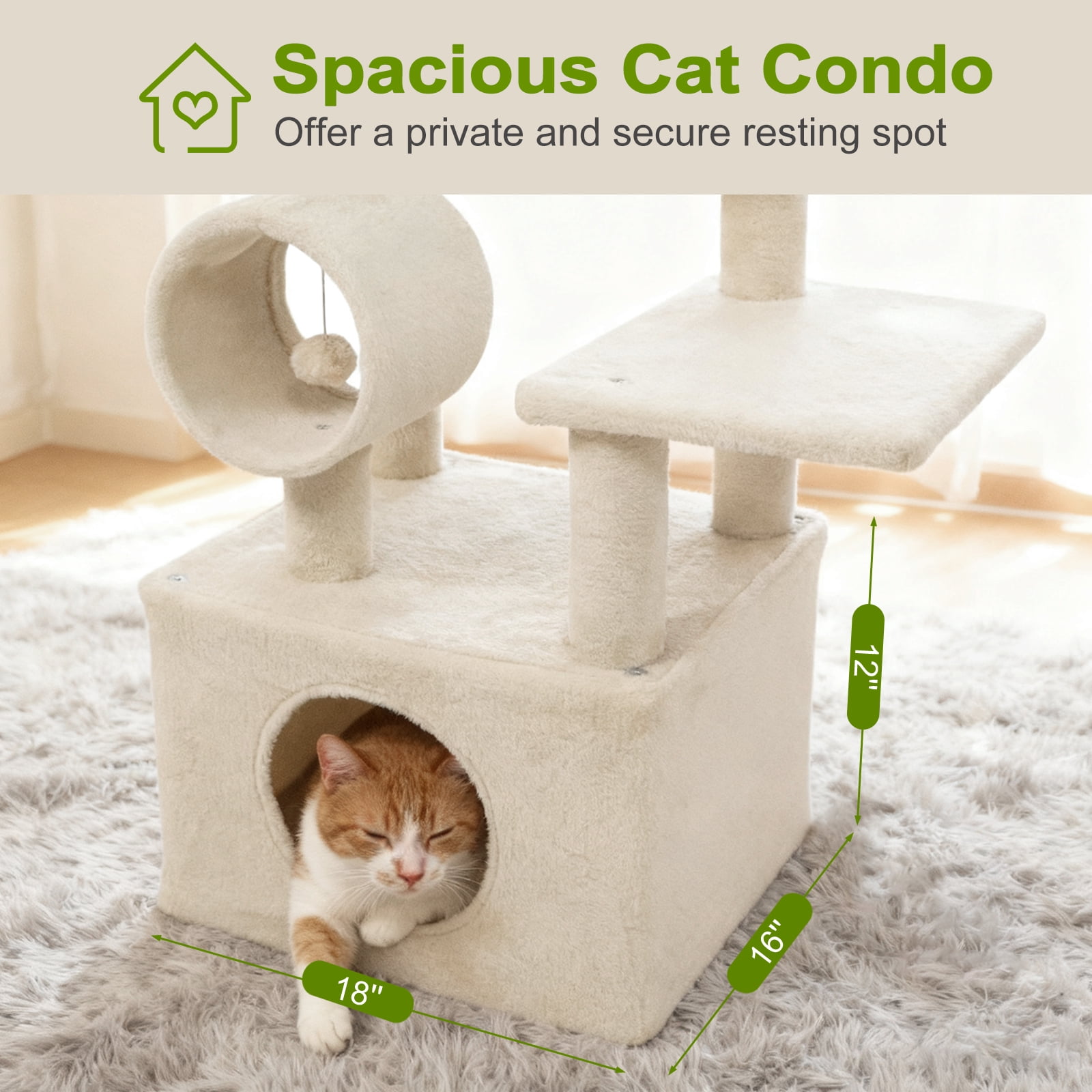 Gymax 48'' Tall Cat Tree w/ Large Condo Padded Top Perch Jute Scratching Post Tunnel Beige