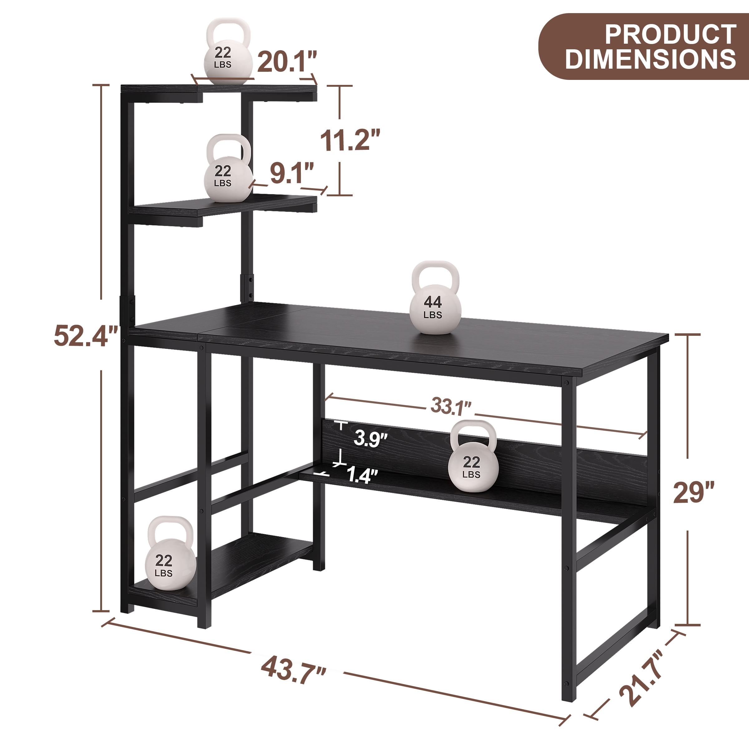 Computer Desk with 4-Tier Storage Shelves, 43.6 inch Modern Large Office Desk Computer Table Studying Writing Desk Workstation with Bookshelf and Tower Shelf for Home Office