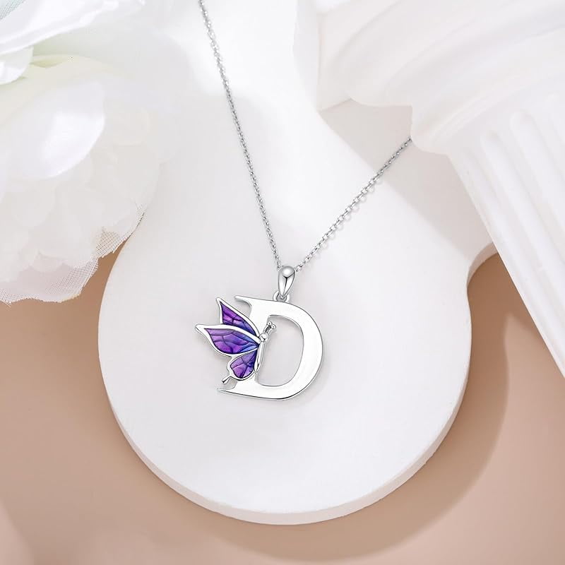 AOBOCO Initial Necklace for Women 925 Sterling Silver Purple Butterfly with A-Z 26 Letters Pendant Necklace for Graduation Gifts