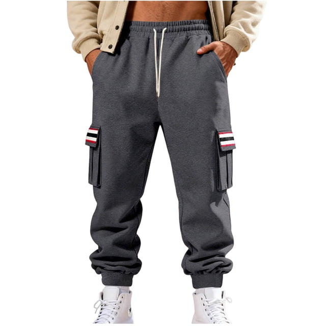 Lovzfmll Men's Retro Striped Fleece Joggers, Solid Color Base, Heavy Pile, Drawstring Waist, Pockets for Warmth Dark Gray, S