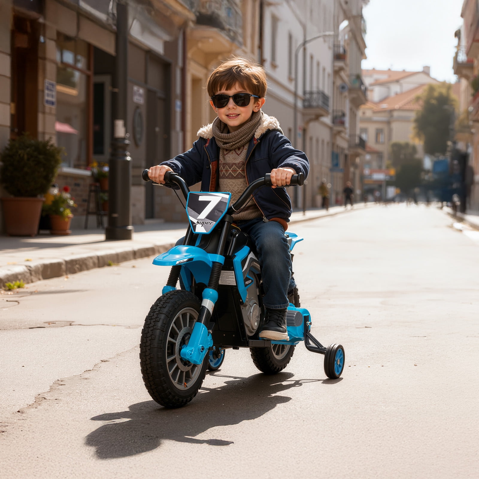 Mukidy 12V Electric Motorcycle for Kids Dirt Bike Ride on Toy Battery Powered Motorbike w/ Training Wheels, Age 3-8 Year Old, Blue