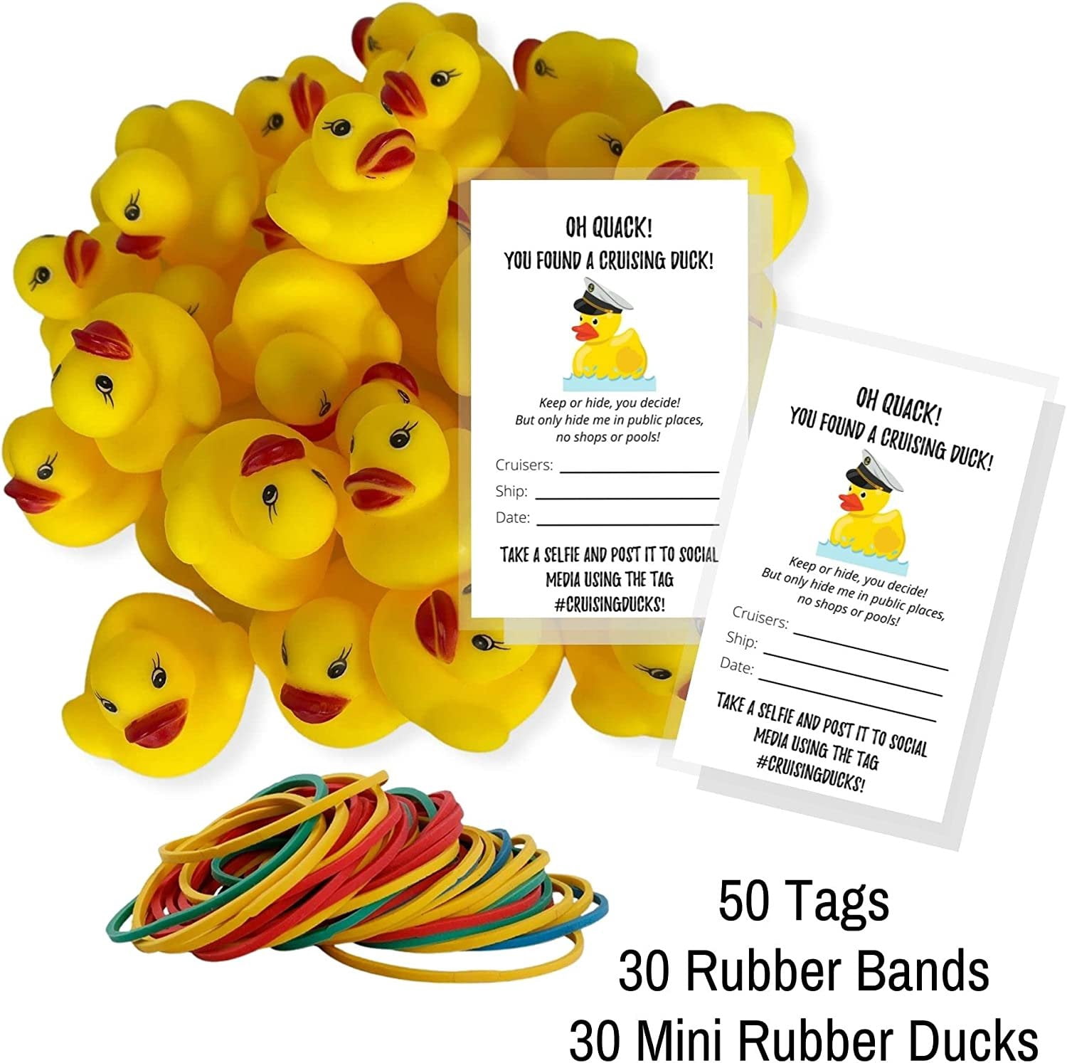 110 Pack Bulk Cruising Ducks Tag Kit with Rubber Ducks & Rubber Bands Mini Rubber Ducks-Cruising Duck Tags-Rubber Bands #CruisingDucks Oh What Luck!