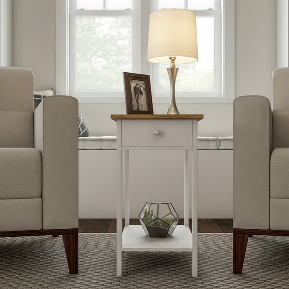 Lavish Home Small Side Table - Slim Nightstand with Drawer and Shelf, White