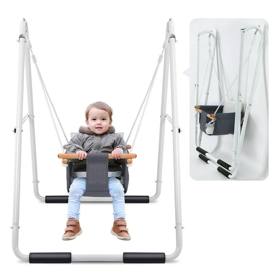 KloKick Toddler Swing - Baby Swing with Foldable Stand, Indoor/Outdoor Swing Set for Ages 1-3, Canvas Seat, 55lbs Capacity