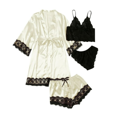 

Women Plus Size Sexy Lingerie Silk Robe Satin Bathrobe Four-piece Set Sleepwear Pajamas maternity pajamas Beige S