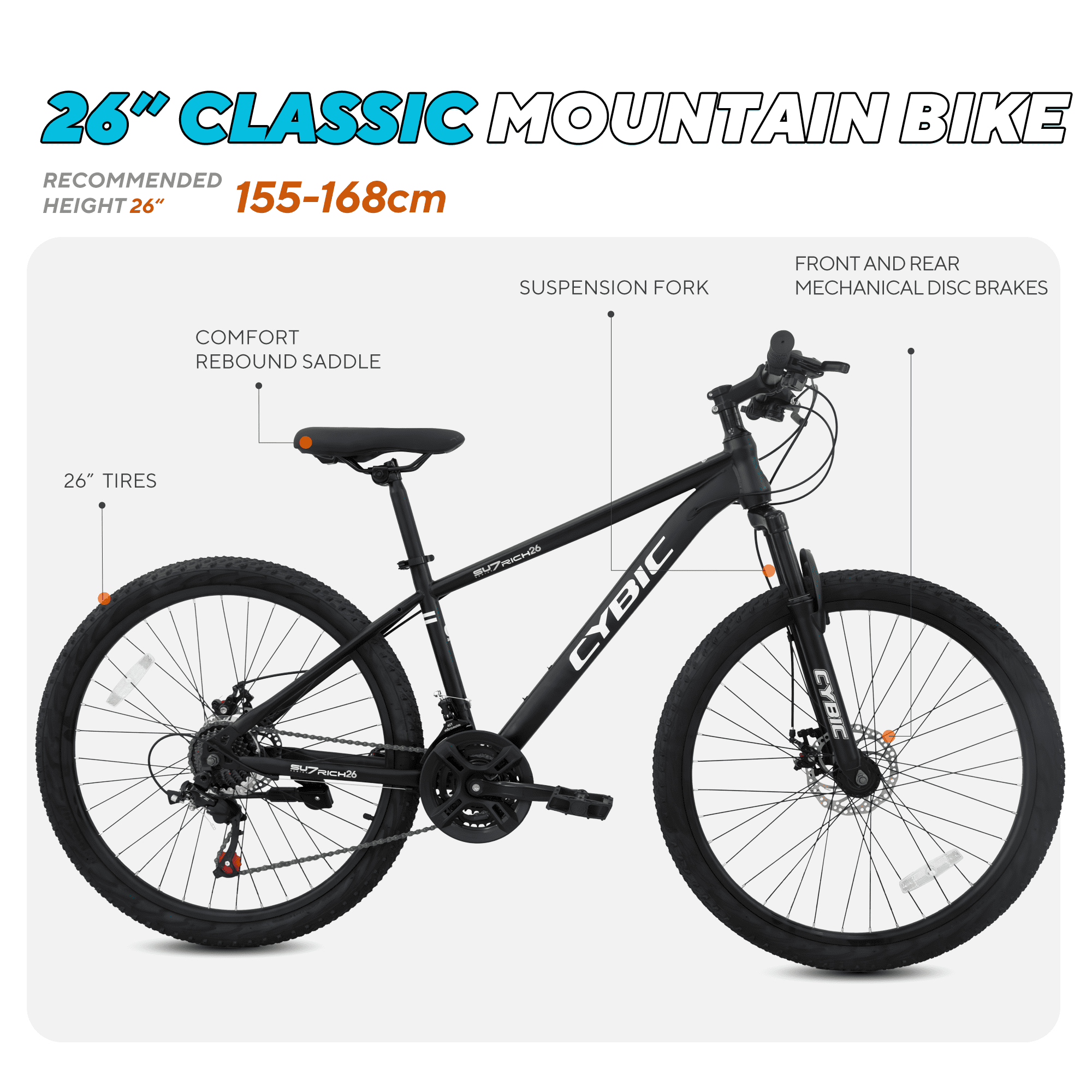 Cybic 26 Inch Mountain Bike, Iron Frame 21 Speed Bicycle with Disc Brakes, Durable All Terrain Bike for Men & Women, Black