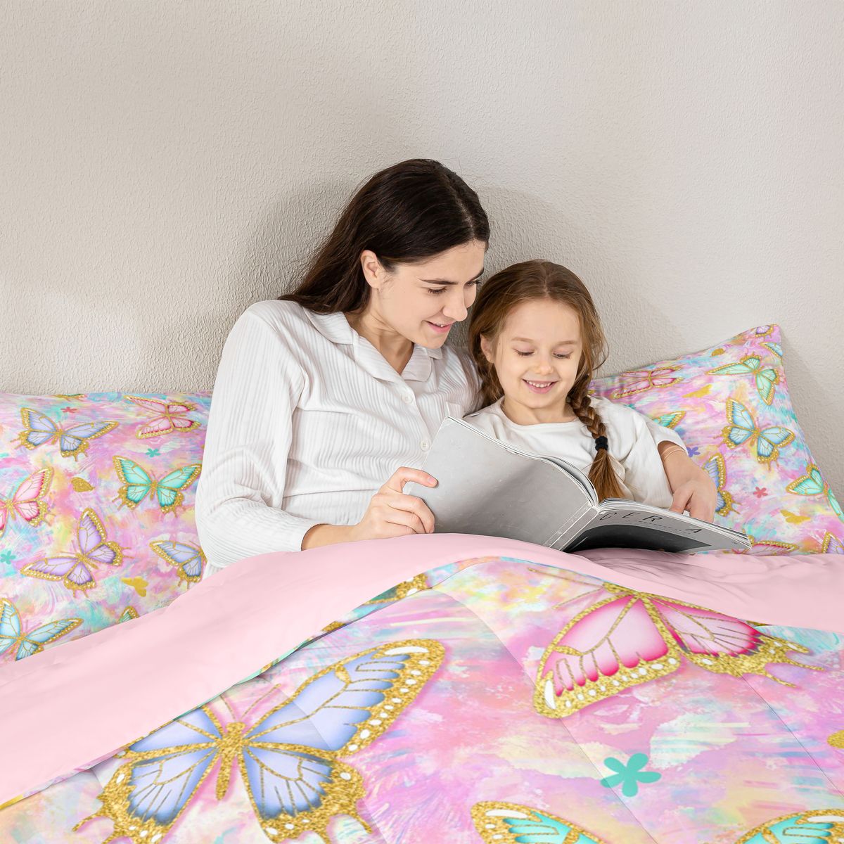 jejeloiu Kawaii Flying Butterfly 7-Piece Bedding Comforter Set,Watercolor Graffiti Artwork King Bedding Sets,Colorful Gradient Bed Sheets For Girls,Microfiber Bedroom Decor Reversible