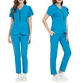 thumbnail image 3 of Unisex Solid Color Elastic Metal Zipper Scrub Set Short Sleeve Medical Uniform, 3 of 7