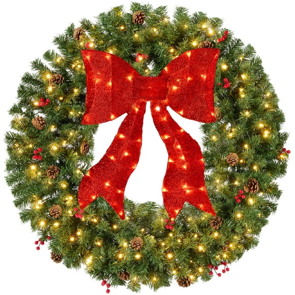 Best Choice Products 30in Pre-Lit Christmas Wreath w/Berries & Pinecones, Large Artificial Indoor/Outdoor Decor, w/RedLighted Bow, Plug-in