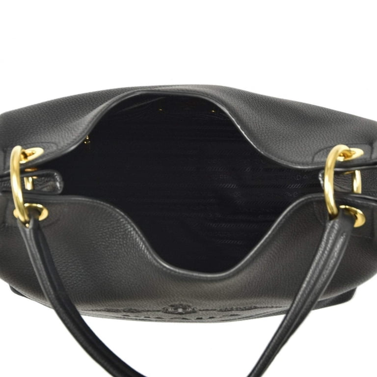 New Prada Vitello Phenix Black Leather Embossed Logo Hobo Tote Bag