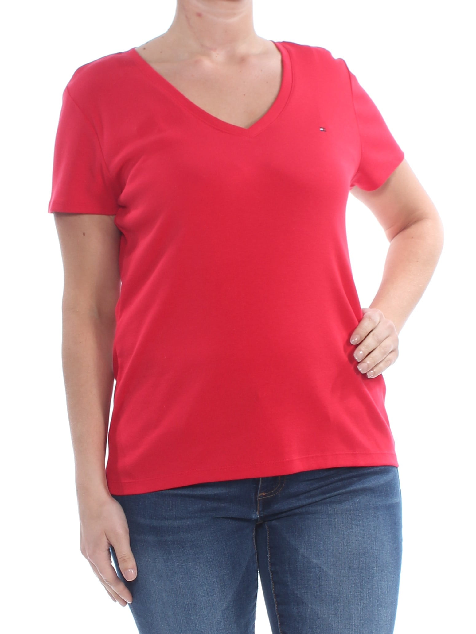 Tommy Hilfiger TOMMY HILFIGER Womens Red Short Sleeve V Neck TShirt