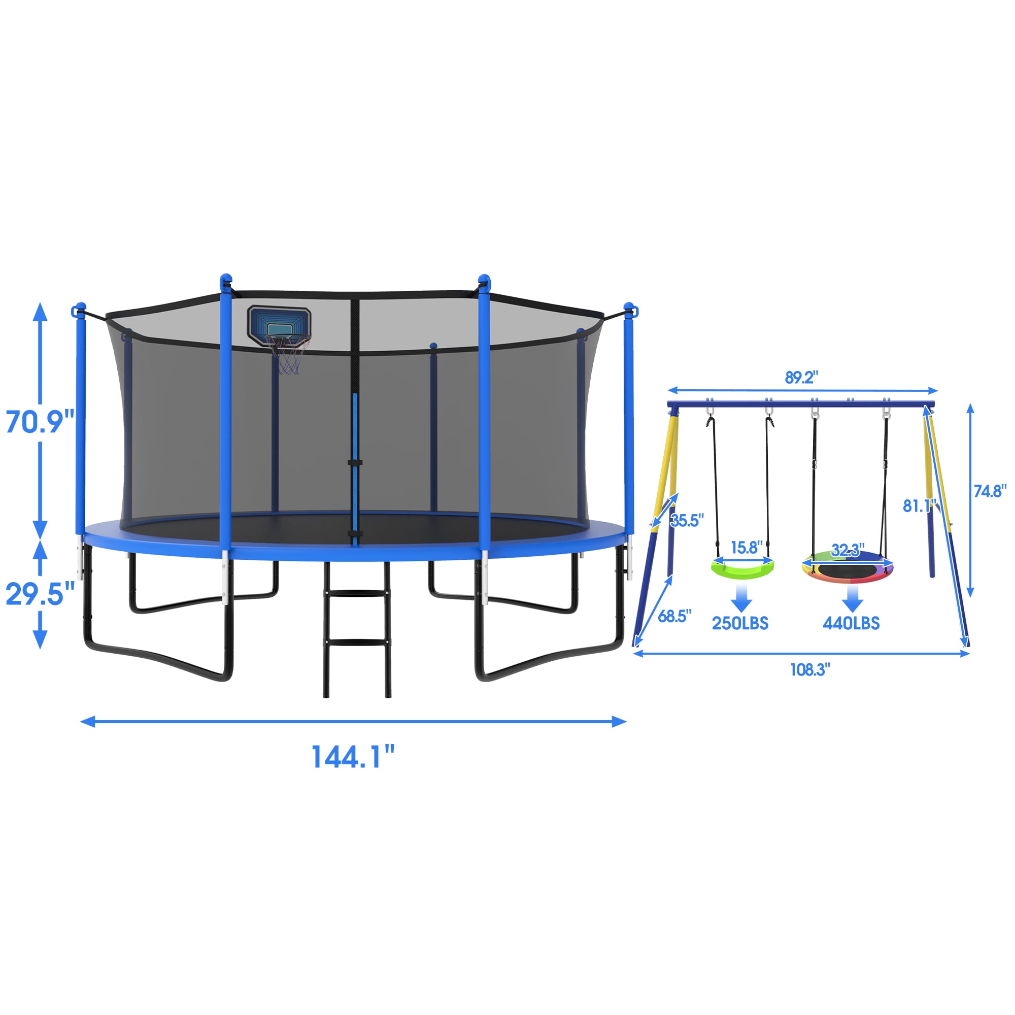 YORIN Trampoline, 1200LBS 12FT Trampoline for 4-5 Adults/ Kids, with Enclosure Net, Metal Swing, Basketball Hoop, Ladder, Galvanized Outdoor Anti-Rust Heavy Duty Round Recreational Trampoline
