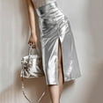 thumbnail image 2 of Daolelai Women's Silver Shiny Leather High Waist Slit Skirt, 2 of 9