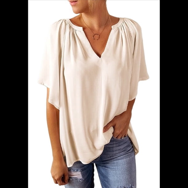 Blusas Elegantes e Informales para Mujer, -Verano 2025, Cuello en V, Corta, Blusas de Informales para Negocios. Beige M