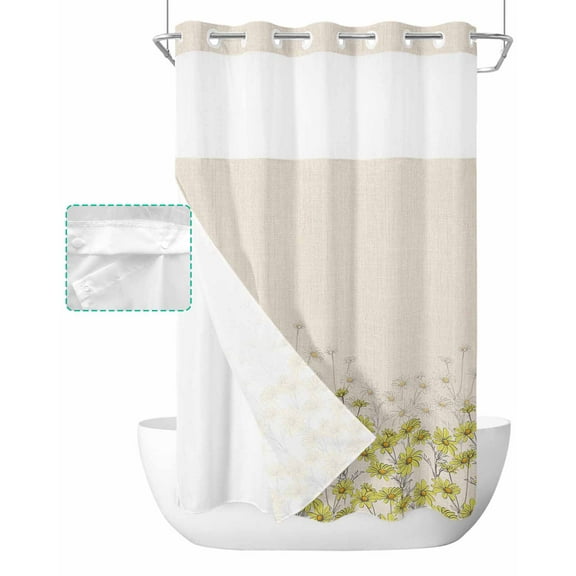 No Hook Shower Curtain with Snap in Liner, Spring Yellow Daisy Flowers Hotel Shower Curtains for Bathroom, Washable Shower Curtain Liner Set with Mesh Top Window, 54"x78"