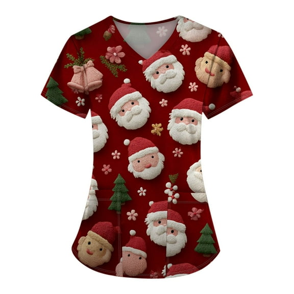 Homozy Christmas Tree Printed Womens Black Scrub Tops Plus Size Short Sleeve Nursing Shirts with Pockets Holiday Casual S-5xl Oversized Scrub Workwear Uniform Red L