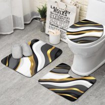 Black White Gold Wave Marble Bathroom Rugs Sets 3 Piece,Toilet Cover Set,Absorbent Non Slip Bathroom Mats Sets with U-Shaped Contour Rug Toilet Rug Set