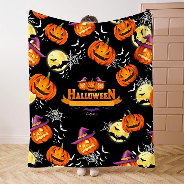 Manta de Halloween, manta de calabaza naranja, manta de murciélago espeluznante negra, manta decorativa para exteriores con estampado para sofá, cama, mantas de felpa suaves y ligeras