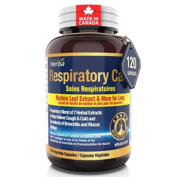 Herba Respiratory Care with Mullein Leaf Extract for Lungs – 120 Capsules | Mucus and Phlegm Relief | Help Relieve Cough, Cold & Bronchitis | Made in Canada