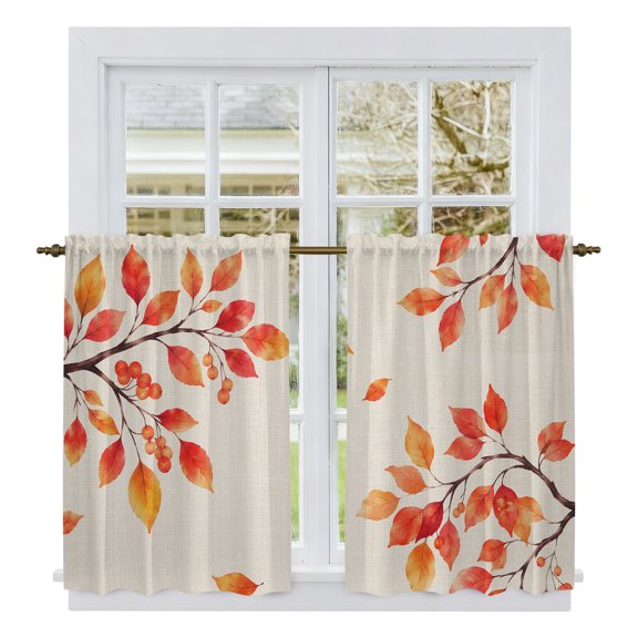 Thanksgiving Tier Curtains 54 Inch Length, Retro Fall Orange Eucalyptus Branches Cafe Short Curtains for Bathroom Over Sink, Small Kitchen Curtain Light Filtering Tiered Drapes 2 Panels 27.5"Wx54"L