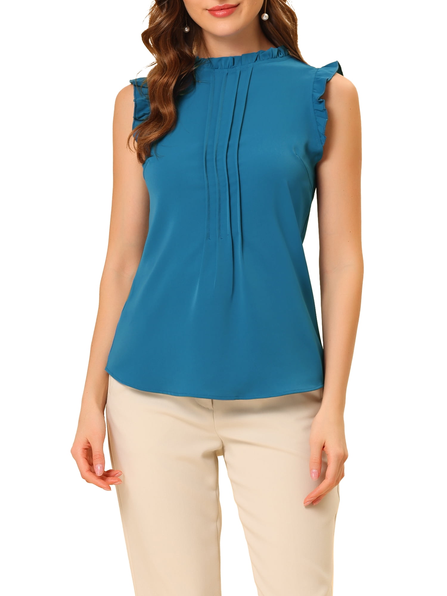 DARING DIVA Women's Ruffled Trim Pleated Plain Blouse Top S Peacock Blue