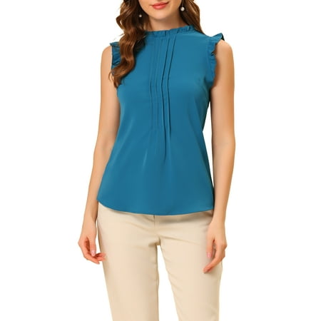 Allegra K Women's Ruffled Mandarin Collar Sleeveless Pleated Work Blouse L Peacock Blue