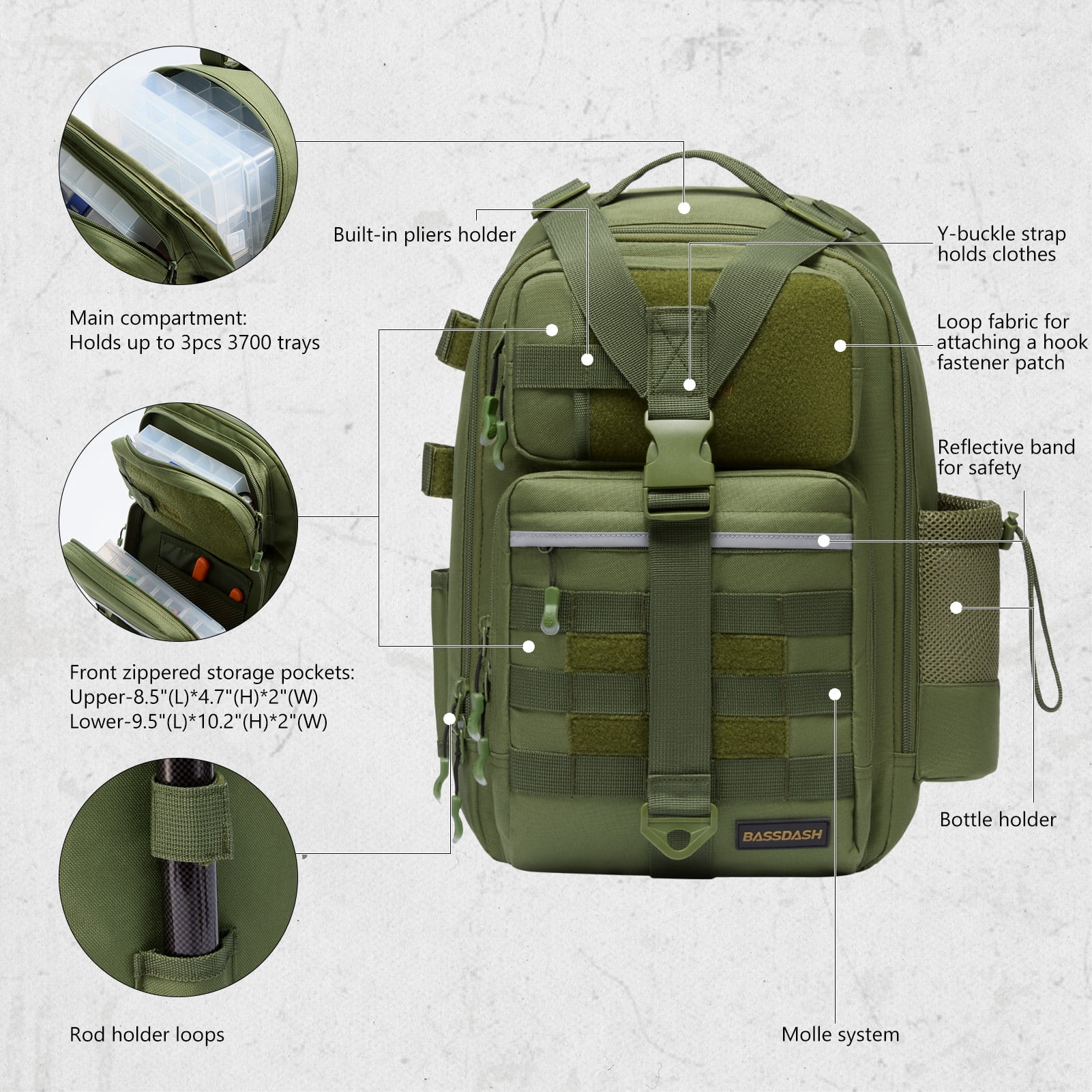 Bassdash Convertible Fishing Backpack Sling Bag with Rod Holder, Adjustable Tactical Water-resistant Tackle Storage Pack FP07