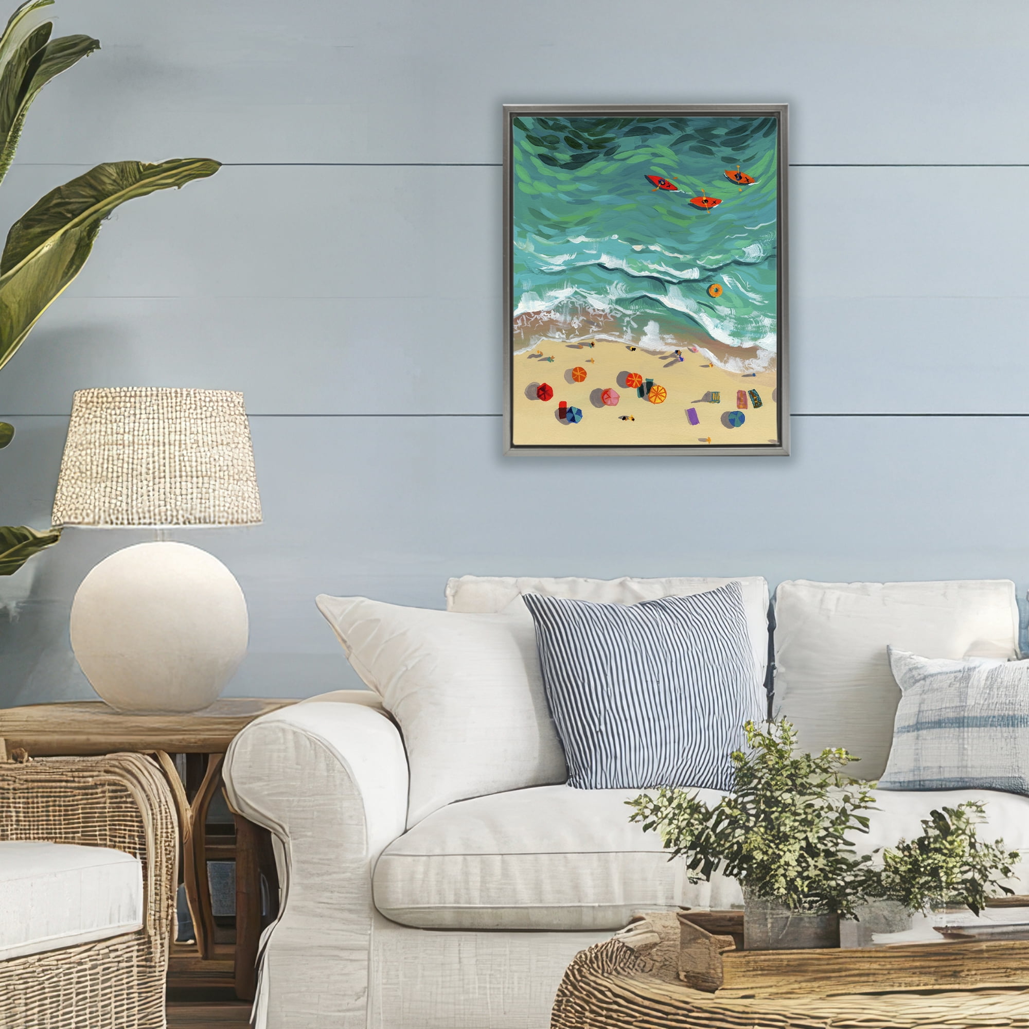 Stupell Industries Three Kayaks in Turquoise Waves Gray Framed Floater Canvas Wall Art, design by Brook Page