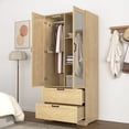 thumbnail image 2 of 2 Door Wood Wardrobe for Bedroom with Hanging Clothing Rod inside the Cabinet and 2 Drawers for Storage Organization, Built-in induction light Multifunctional Closet with Mirror, Natural, 2 of 6