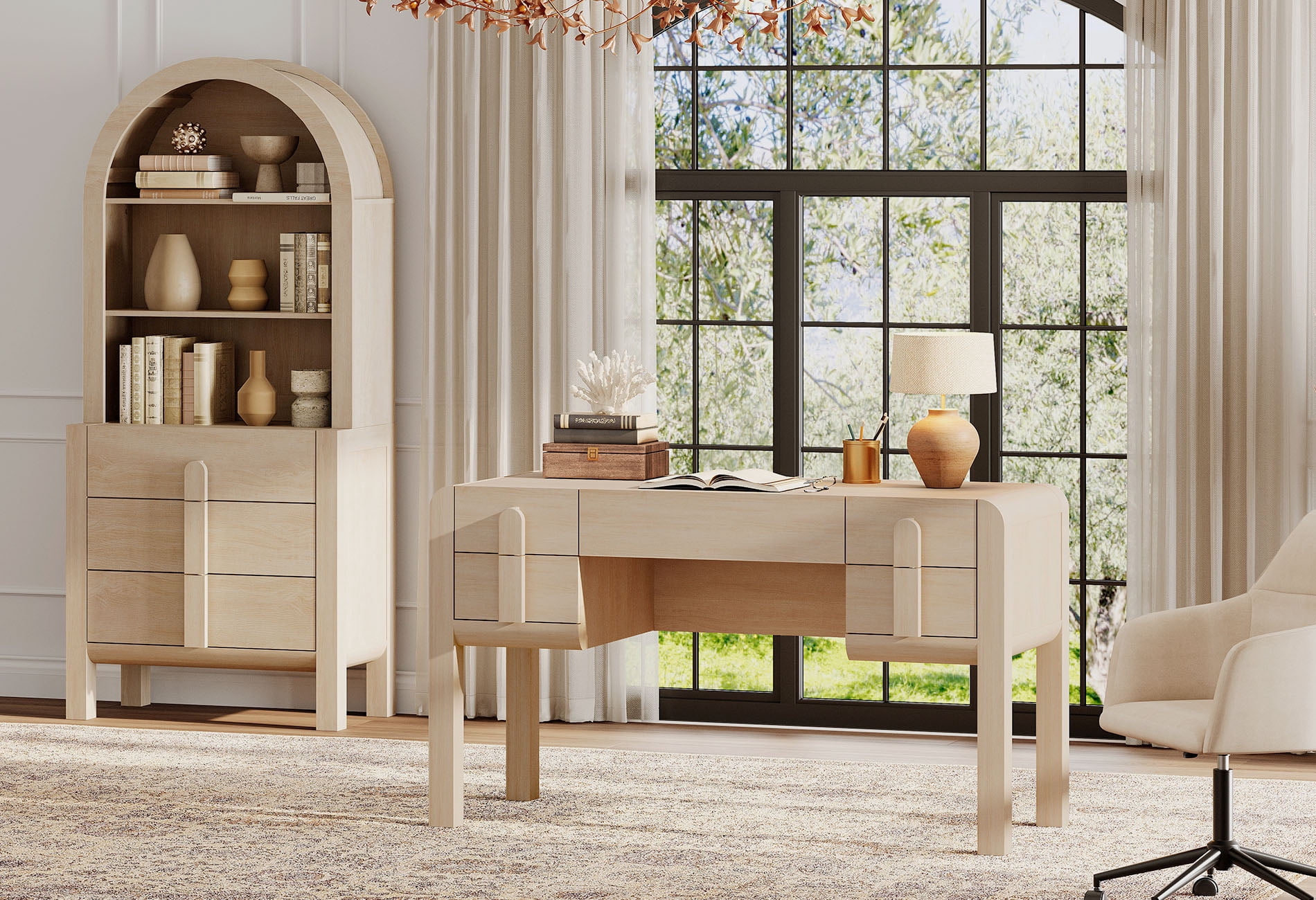 2 Piece Office Set, 53.5" Modern Executive Desk with Charging Station and Drawers & 71"H Tall 3-Tier Arched Bookcases with Open Storage for Living Room, Bedroom, Home Office