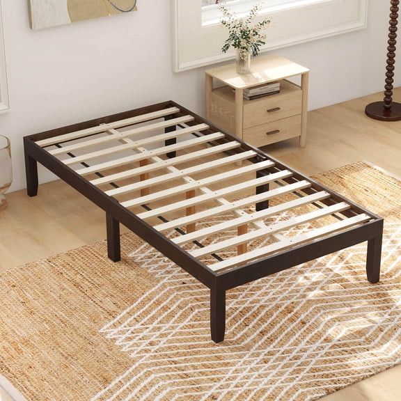 Costway Twin Size Wooden Platform Bed Frame 14" with Rubber Wood Legs Under-bed Storage Brown