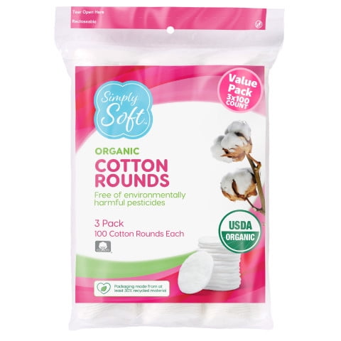 Simply Soft Premium Organic Cotton Rounds, 100 Count (Pack of 3), 100% Cotton Pads, Certified Organic, Hypoallergenic