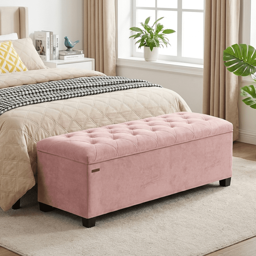 LEDREM 43-Inch Velvet Storage Ottoman Bench with Removable Cover, 660lb Capacity Multi-Functional Footrest for Living Room & Bedroom, Jelly Pink