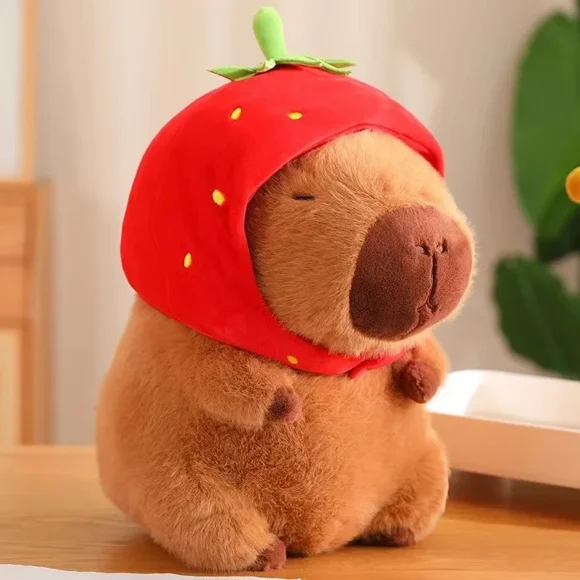 23cm Cute Strawberry Hat Capybara Anime Fluffty Toy Simulation Stuffed Animals Soft Capybara Plush Toy Kawaii Plush Doll Capybara