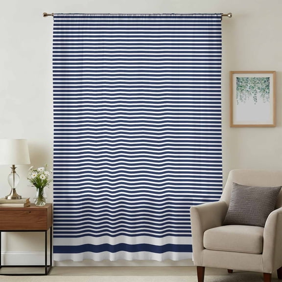Farmhouse Navy Blue White Striped Sheer Curtains 45 Inches Long, Modern Stripes Light Filering Curtains, Breathable Simi Curtain Privacy Drapes for Kitchen Bathroom Lightweight Small Window Treatment
