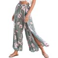 thumbnail image 1 of Pantalones largos de mujer Pantalones anchos de cintura alta Pantalones con nudo de corbata divididos en el muslo Pantalones casuales de verano Estampado floral verde S, 1 of 8