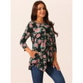 thumbnail image 3 of DARING DIVA Women's 3/4 Sleeve Floral Print Loose Fit Asymmetrical Hem Top Black S, 3 of 5