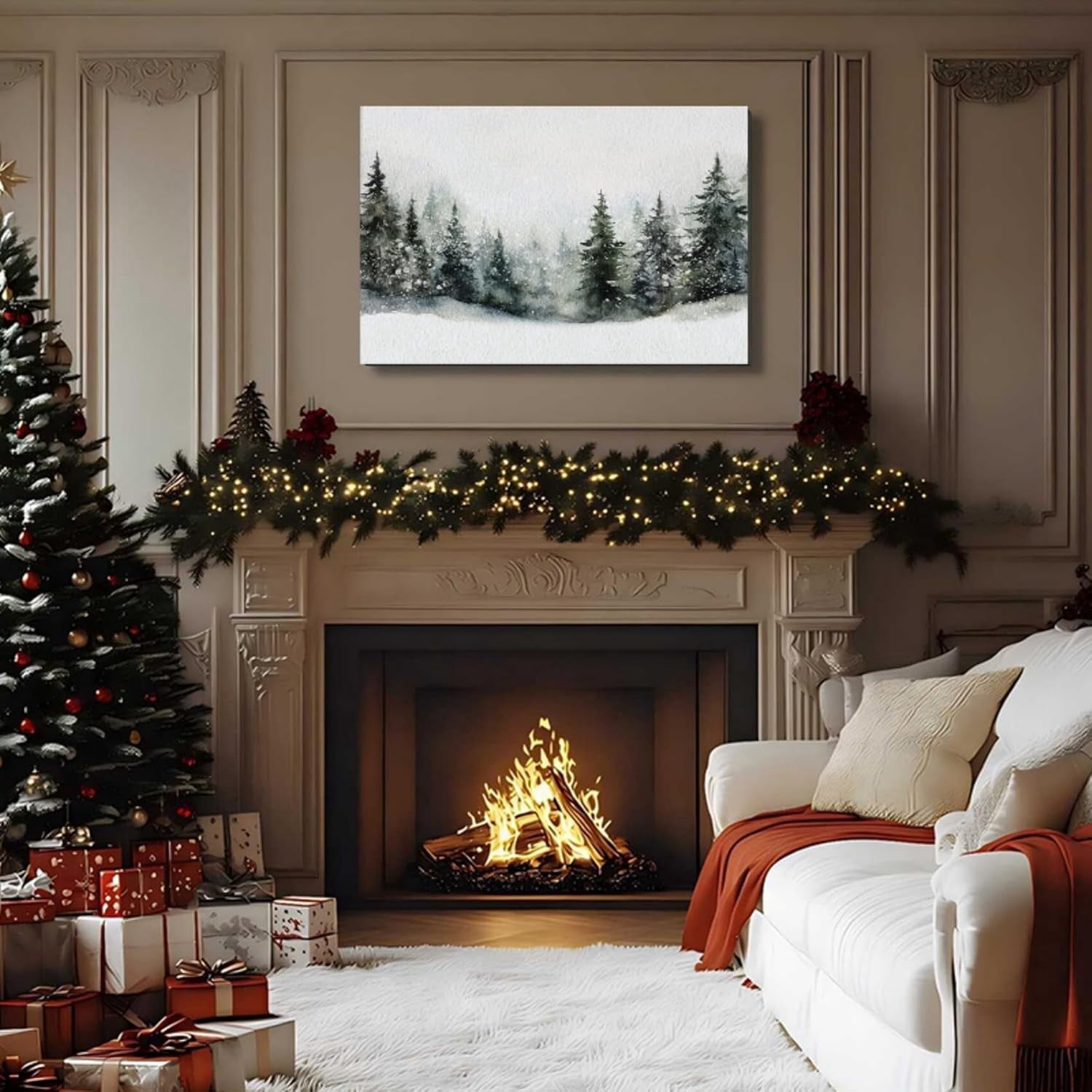 Framed Christmas Wall Art, Pine Tree Artwork Christmas Decoration Indoor, Rustic Landscape Snow Winter Forest Painting Canvas Print Wall Picture for Living Room Decor