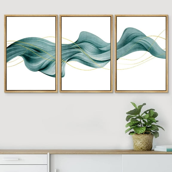 PixonSign Framed Wall Art Set Futuristic Teal Geometric Smoke Wave Landscape Abstract Canvas Print Nature Wilderness Modern Art Decor Nordic Zen Chic for Living Room - 24"x36"x3 Panels Natural