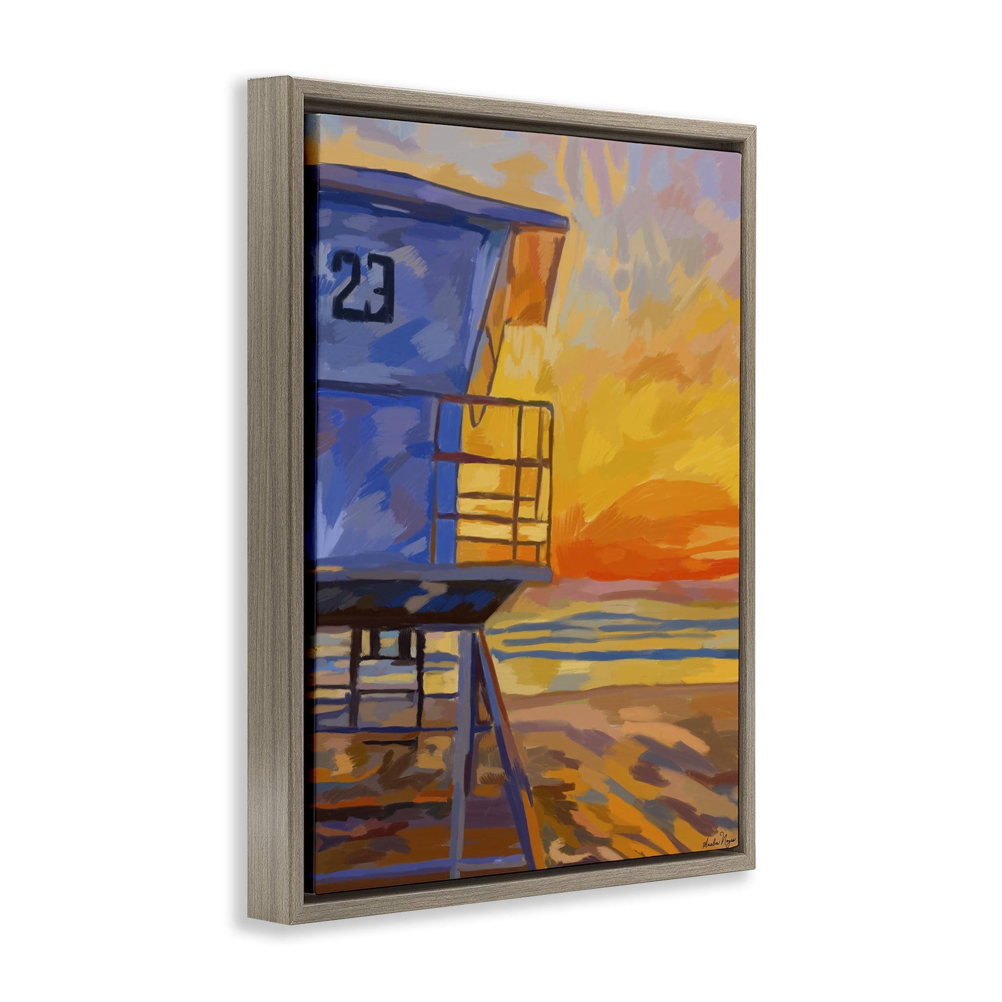 Stupell Industries Lifeguard Stand Sunset Brown Framed Floater Canvas Wall Art, design by Amelia Noyes