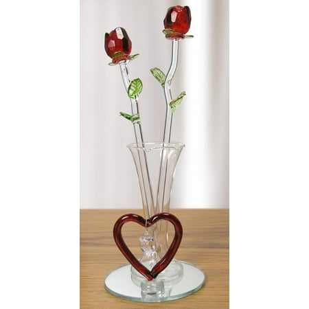 Red Roses in Vase - Glass Forever Rose Collection with Heart Shaped Charm and Designs - Valentine's Day Flowers - Girlfriend - Wife