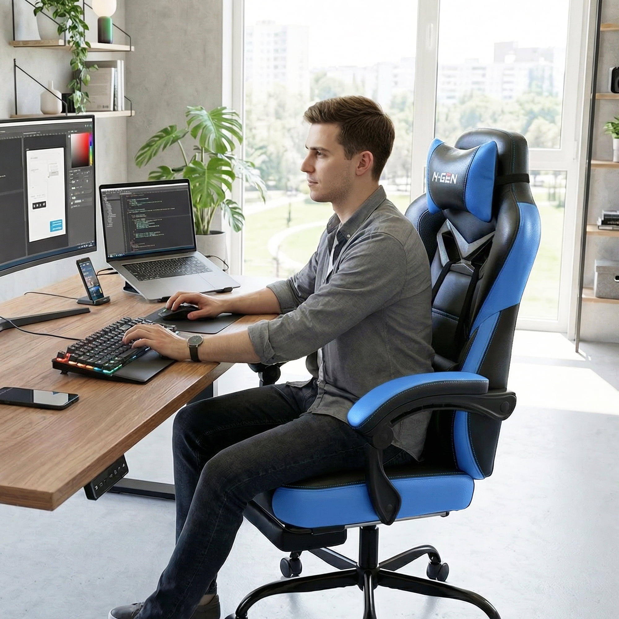 CELTOSS Gaming Chairs with Footrest, Big and Tall Gamer Chair with Headrest and Lumbar Support for adults, Blue