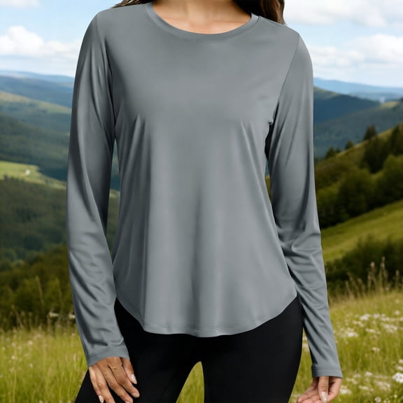 Women's Sport UPF 50 Sun Protection Top Regular Fit Solid Color Crew Neck Long Sleeve Quick Dry Breathable UV Shirt for Running Workout Gray 3XL
