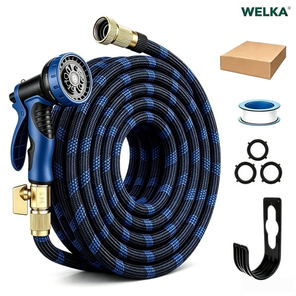 WELKA 25 FT Non Expandable Garden Hose with 10-Mode Spray Nozzle, Solid Brass Fittings, Kink Resistant Durable Water Hose for Lawn Watering, Car Washing & Household Outdoor Use
