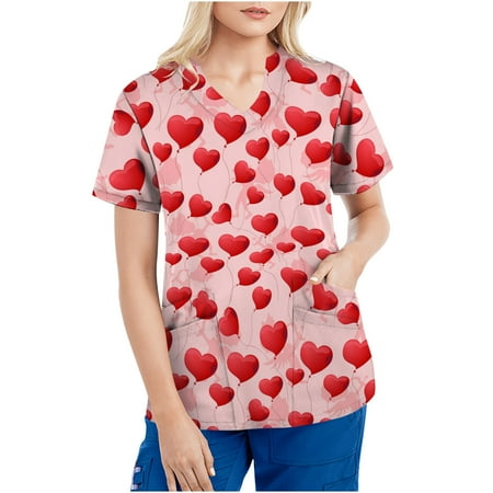 

KIJBLAE Valentine s Day Shirts for Women Crewneck T-shirt Sweet Heart Print Tops Tunic Scrub Pocket Blouses Short Sleeve Tees Working Uniform Clothes for Girls Pink M Sales