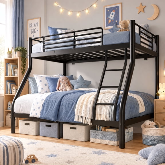 TimberVibe Studio Twin over Full Bunk Bed, Heavy Duty Metal with Safety Ladder and Guardrail, Black