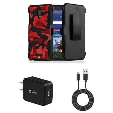 Alcatel Raven LTE | Verso | IdealXCITE | CAMEOX - Bundle: Dual Layer Shockproof Kickstand Belt Holster Case - (Red Camo), 10W High Powered USB Wall Charger with Micro USB Cable [4 Feet] and Atom