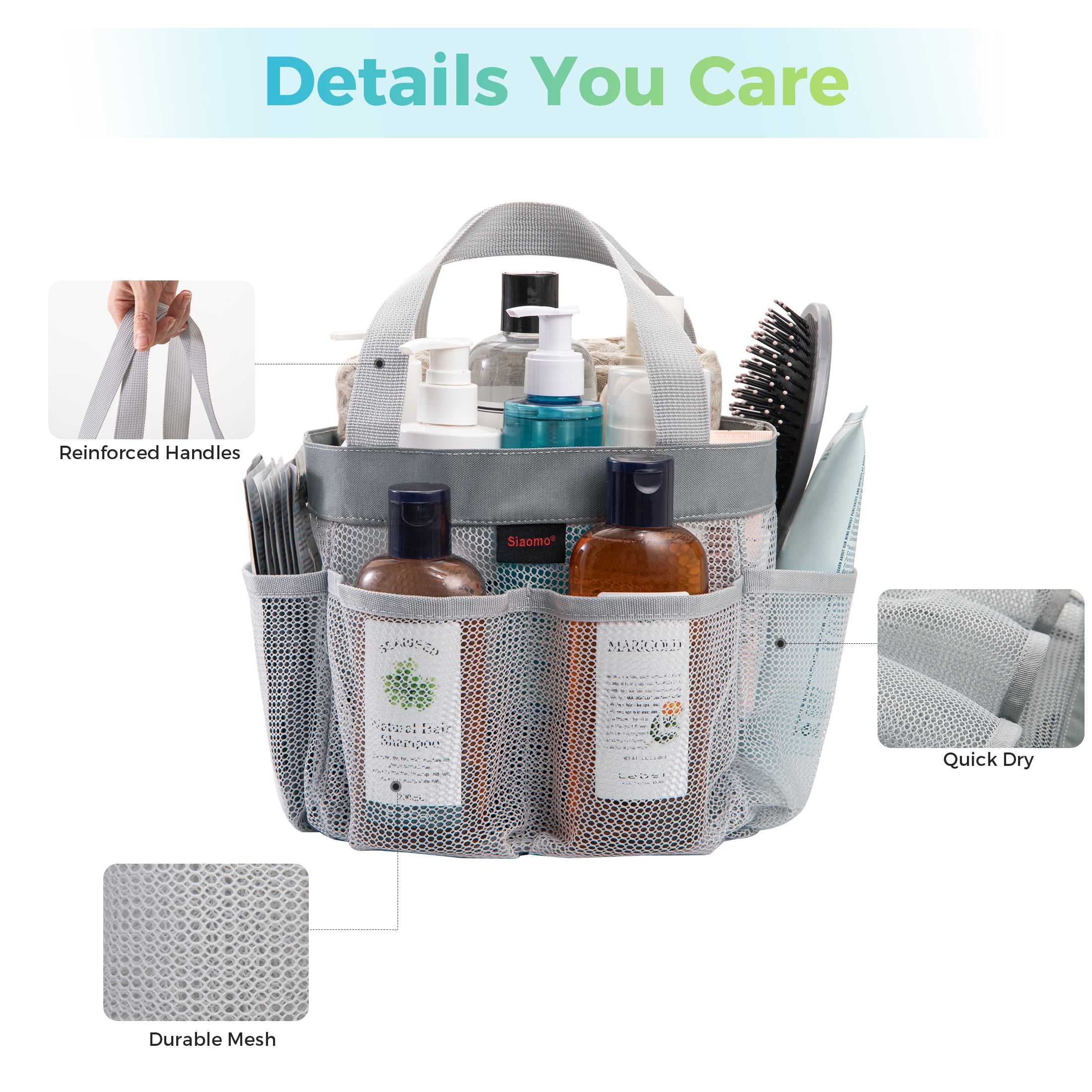 Siaomo Mesh Shower Caddy,Tote Bag for College Dorm,Bathroom,8 Pocket Basket,Quick Dry  Grey  (图5)