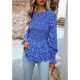 thumbnail image 2 of Round Neck Shirred Floral Print Peplum Long Blouse for Women Blue Small, 2 of 5